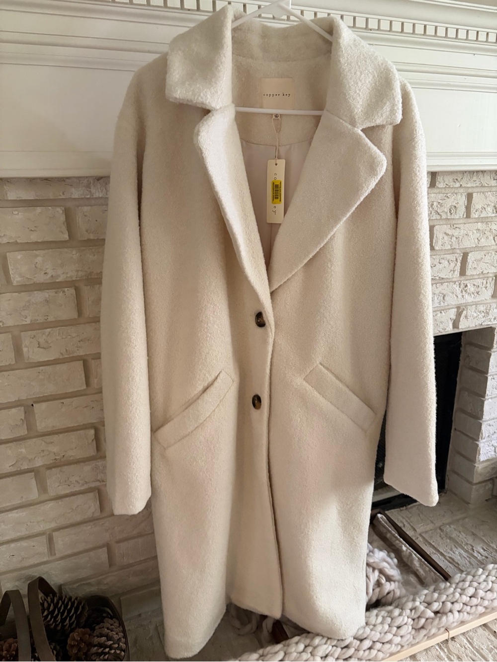Copper Key Cream Teddy Coat with Lapel Collar